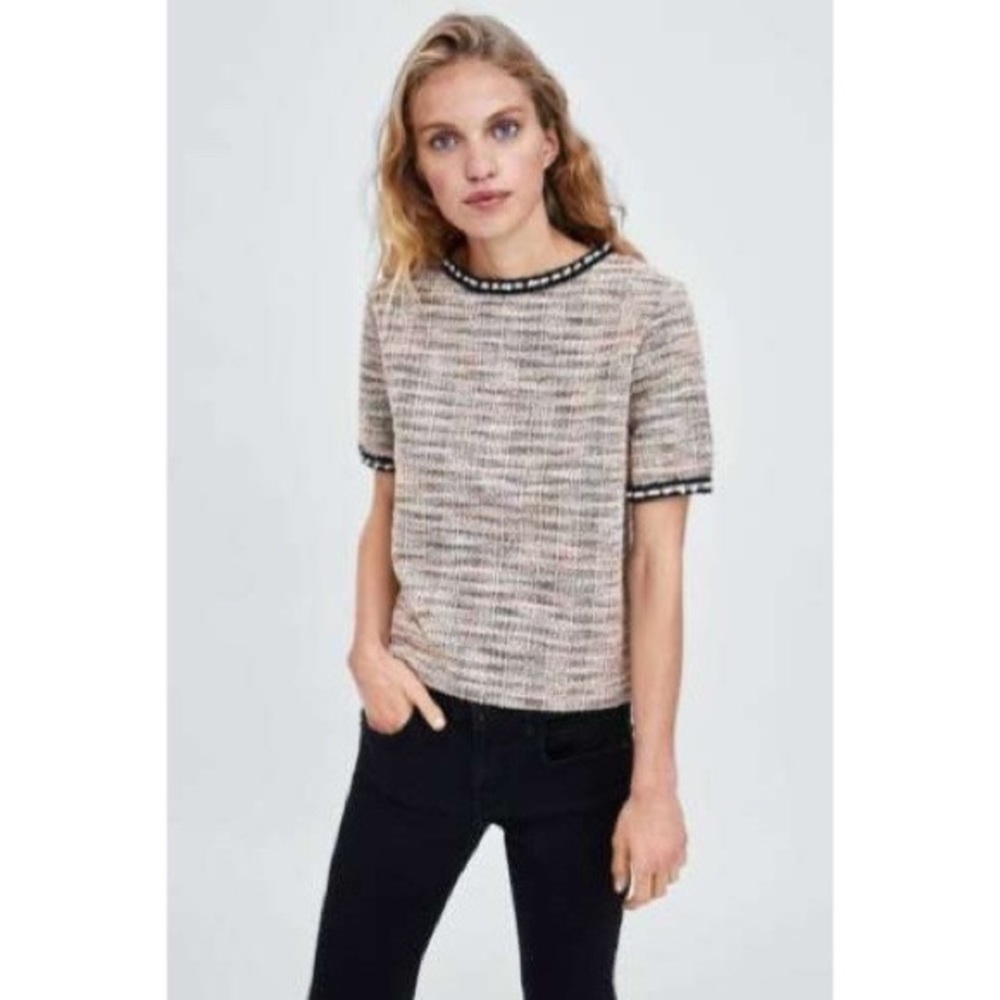 ZARA trafaluc tweed Pearl top size medium short sleeve - Picture 6 of 10